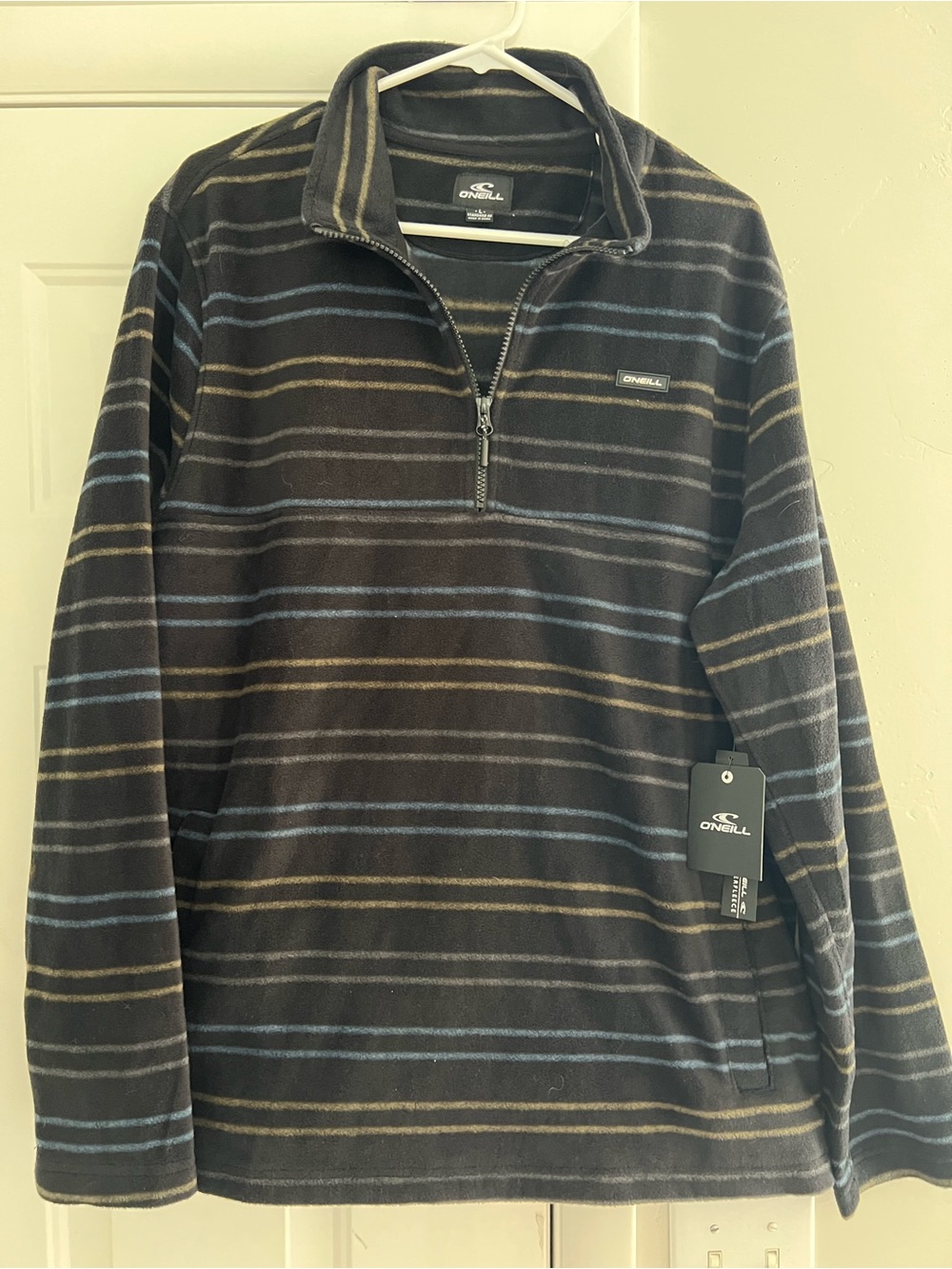 O'Neill Men's Black Fleece Quarter-Zip with Blue and Tan Stripes